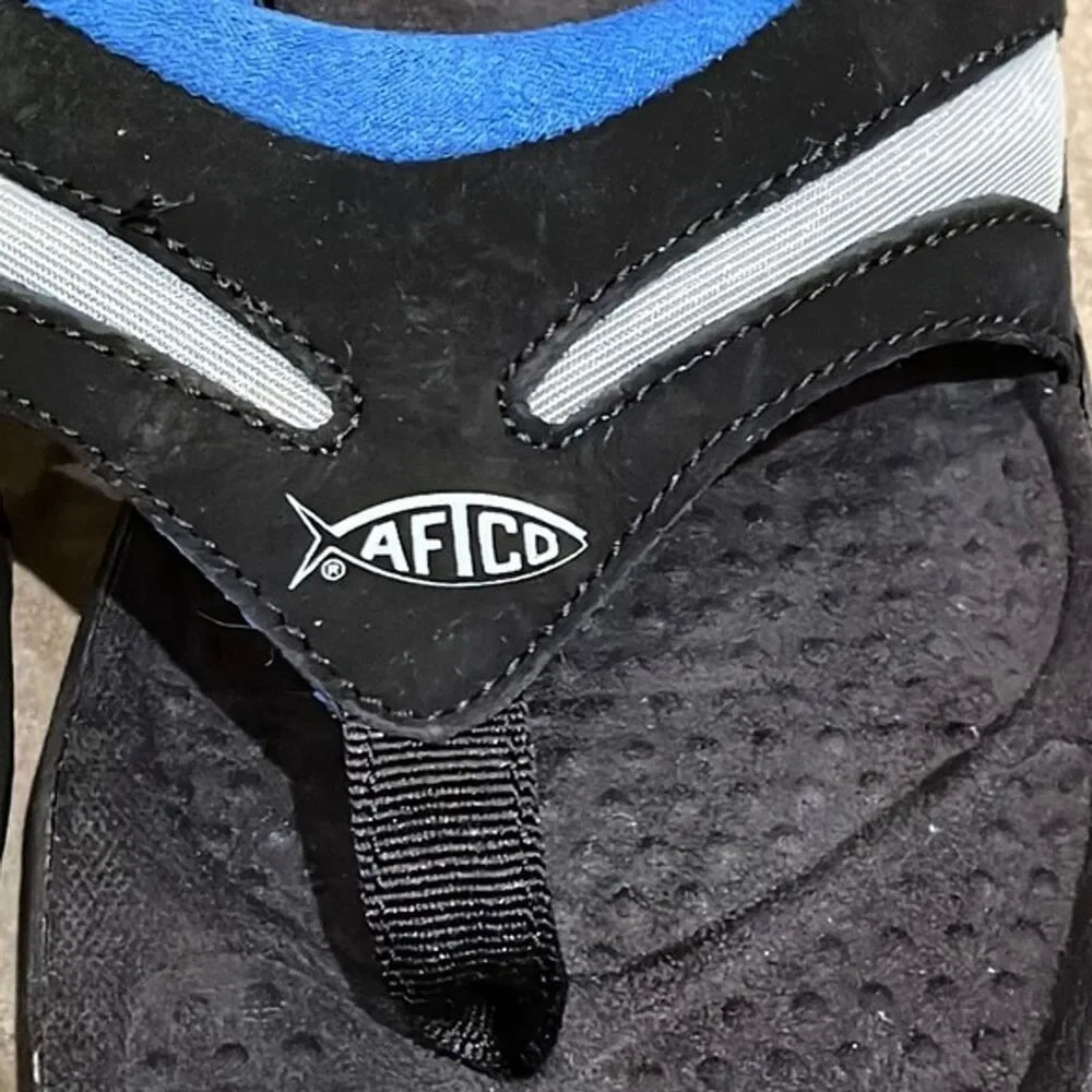 AFTCO Black & Blue Thong Angler Sandals Mens Size 7 Summer Travel Beach